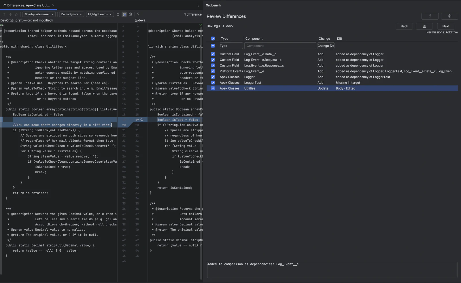 The Review Differences screen beside the diff viewer, with a draft edit typed directly into the source pane