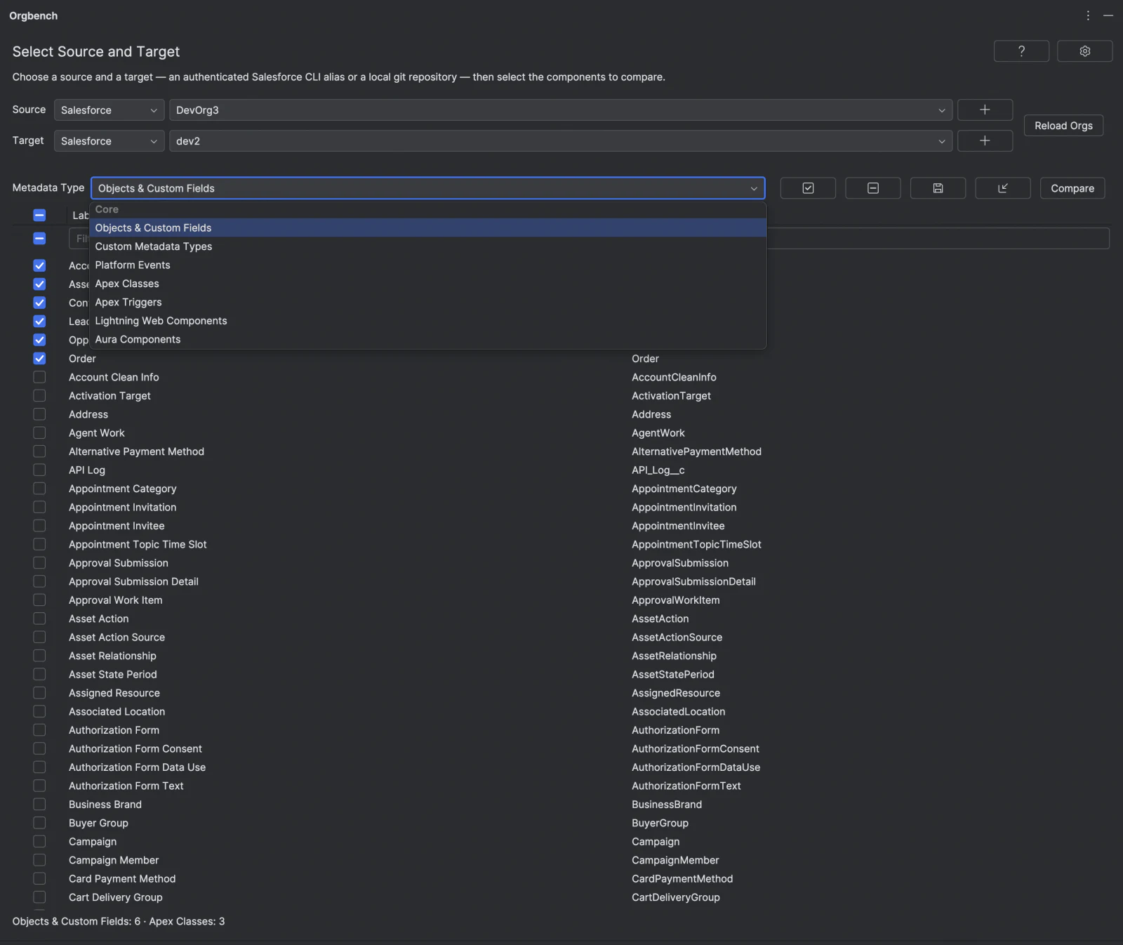 The Select Source and Target screen: source and target aliases chosen and the Metadata Type dropdown open