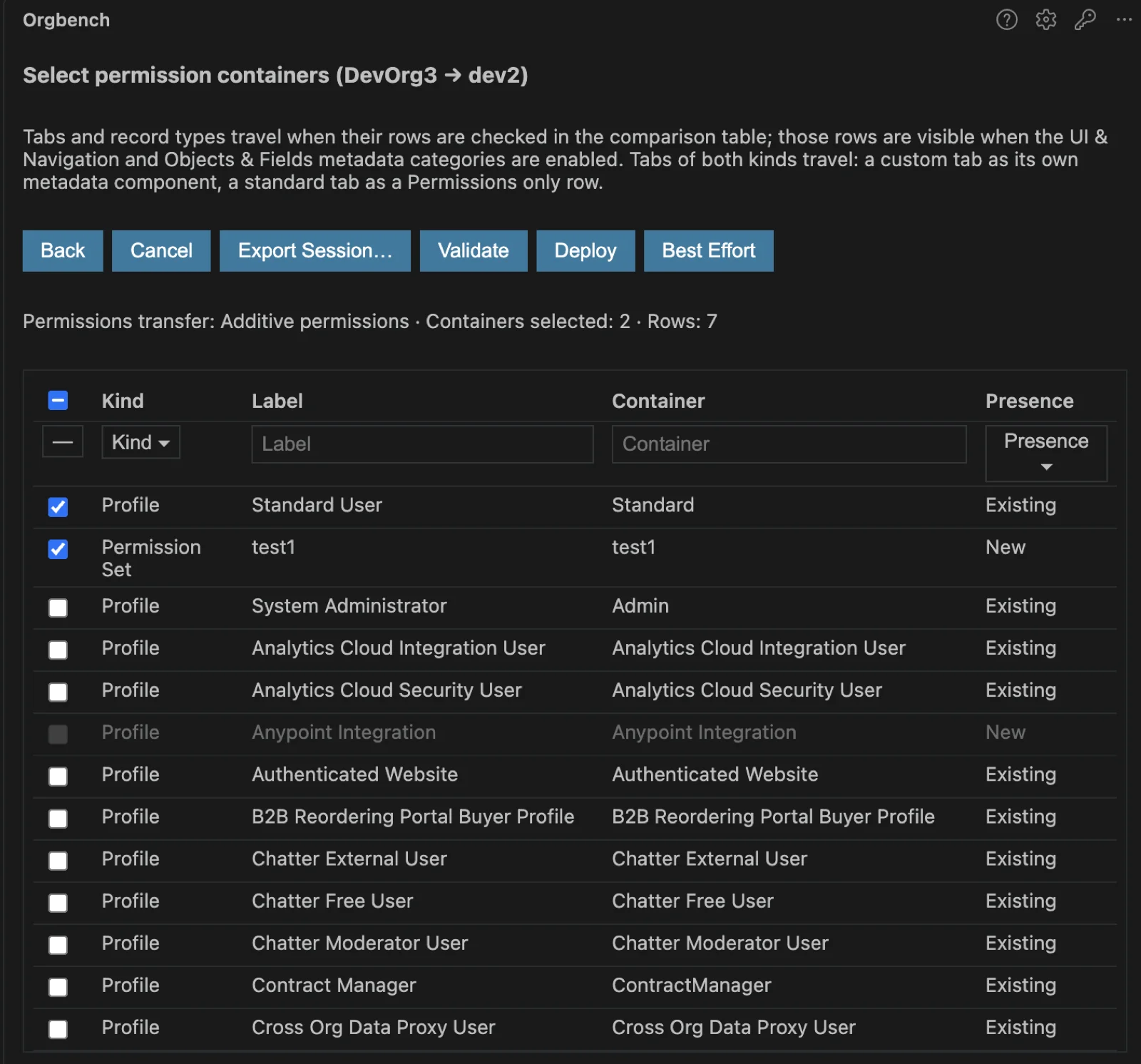 Select Permission Containers